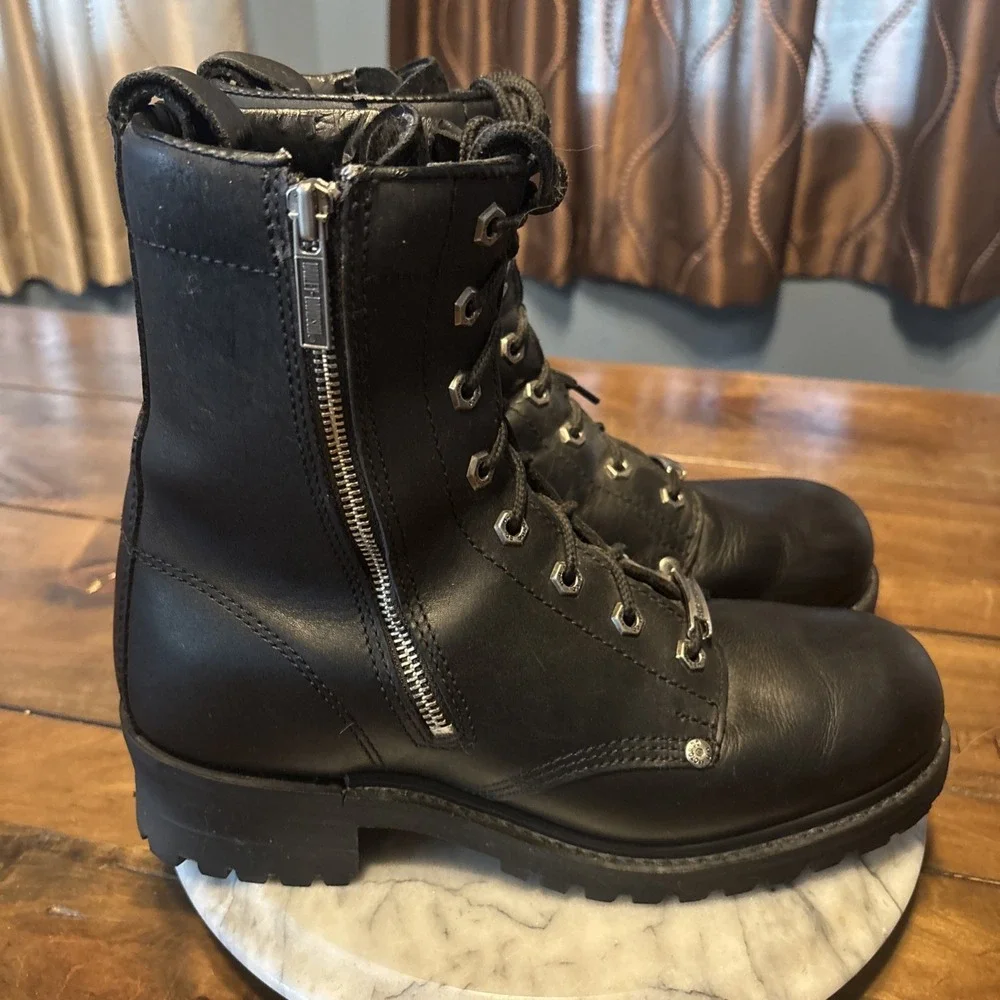 VTG Harley Davidson 91028 Black Leather Side Zip Lace Up Biker Boots Men Sz 9